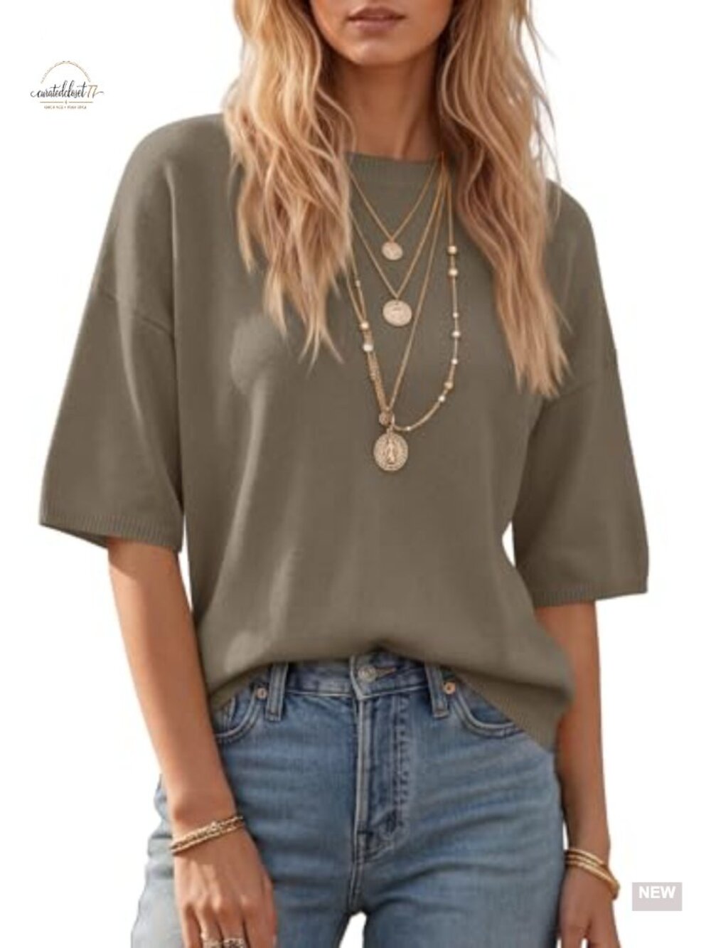 Women's Lightweight Knit Pullover Sweater 3/4 Sleeve Crewneck Side Slit